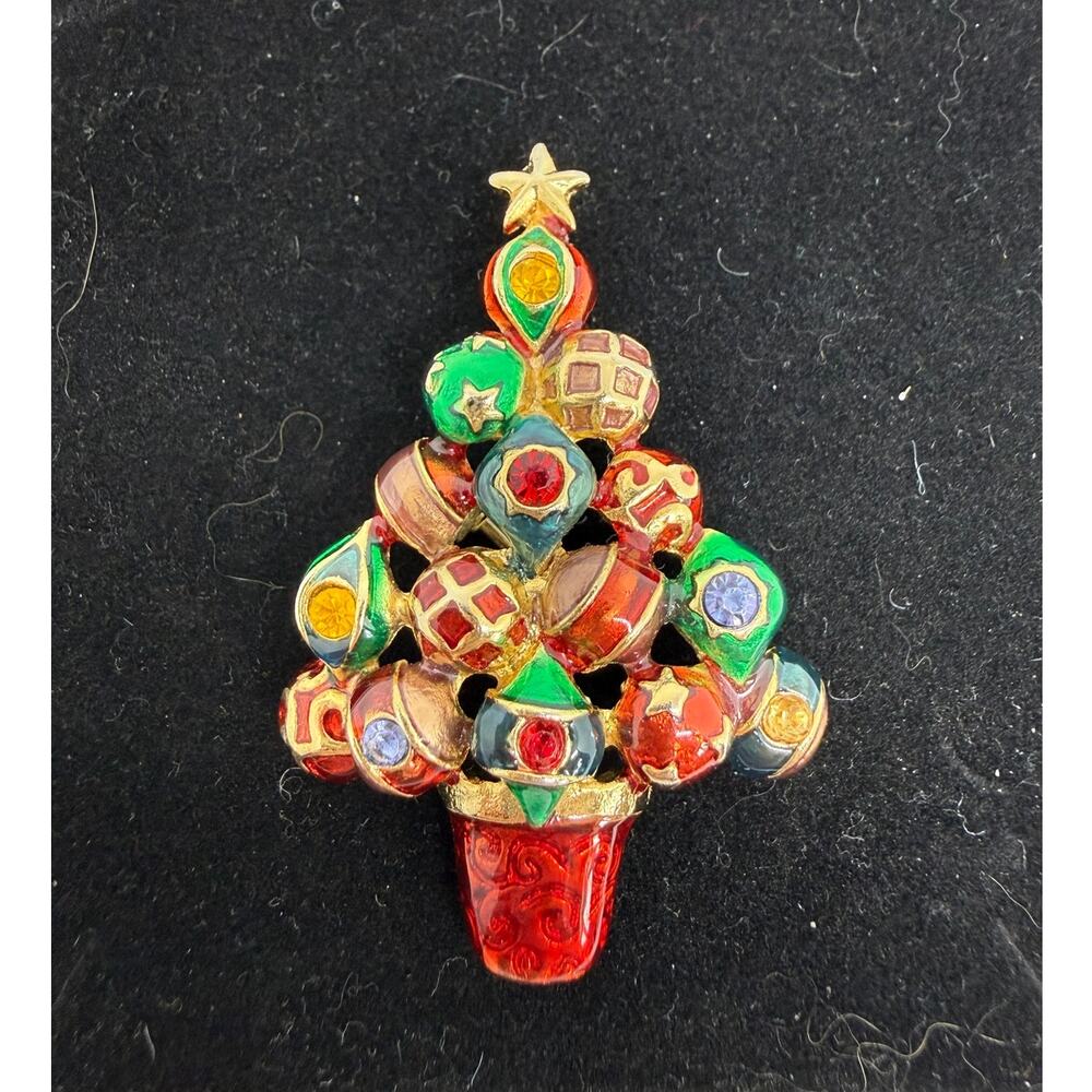 VINTAGE ART Arthur Pepper Christmas Tree Brooch Multicolor Enamel Rhinestone Pin